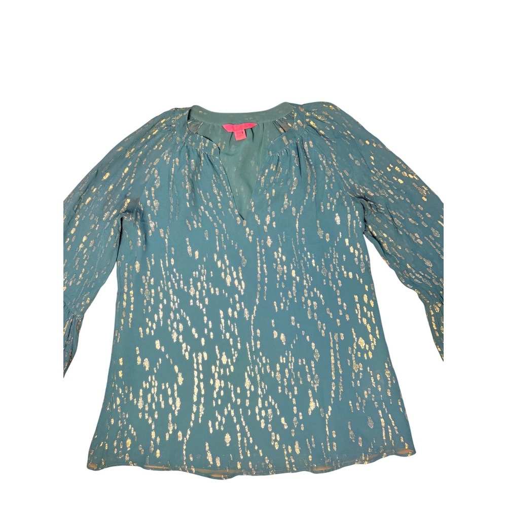 Lilly Pulitzer Matilda Silk Turquoise Metallic Fish Print Fairy Victorian Top XS - Picture 2 of 10